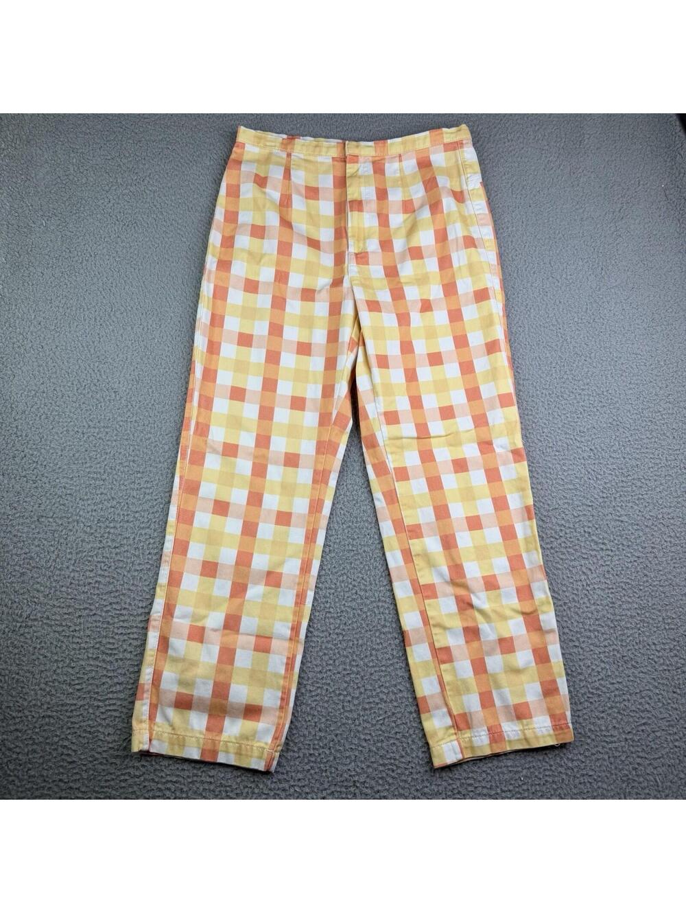 Free People Orange Yellow Check Tapered 100% Cotton Pants Womens Sz6 30x27